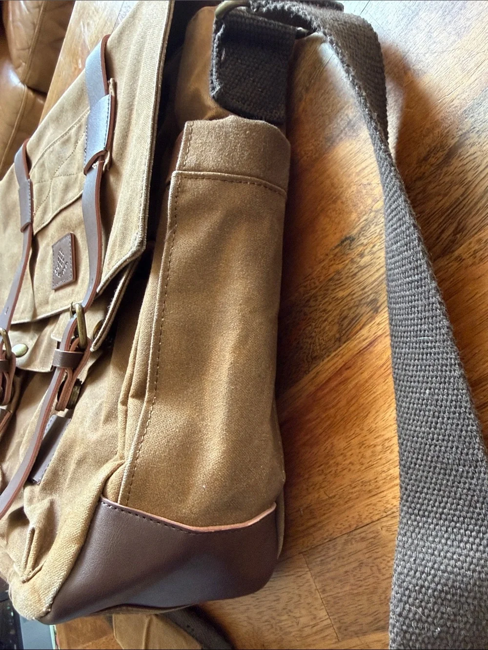 Men's Brown Canvas Messenger Bag with faux Leather Straps